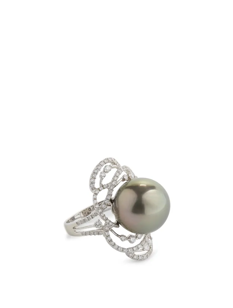 18K White Gold Tahitian South Sea Pearl Ring Diamonds