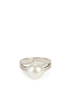 18K White Gold Australian South Sea Pearl Ring With Diamonds