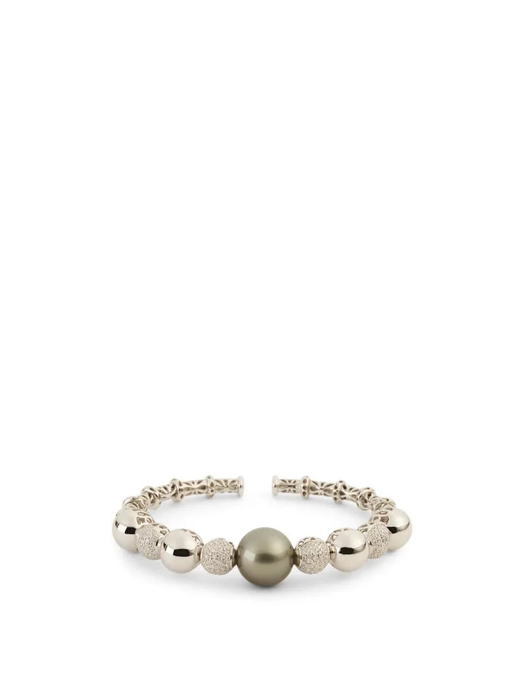 18K White Gold Tahitian South Sea Pearl And Diamond Bangle Bracelet