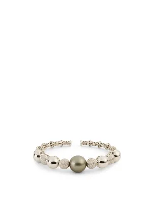 18K White Gold Tahitian South Sea Pearl And Diamond Bangle Bracelet