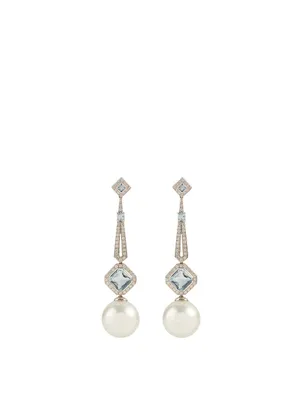 18K White Gold Australian South Sea Pearl And Aquamarine Earrings With Diamonds