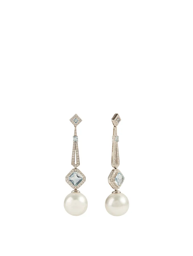 18K White Gold Australian South Sea Pearl And Aquamarine Earrings With Diamonds