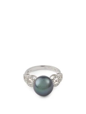 18K White Gold Tahitian South Sea Pearl Ring And Diamonds