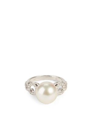 18K White Gold Australian South Sea Pearl Ring With Diamonds
