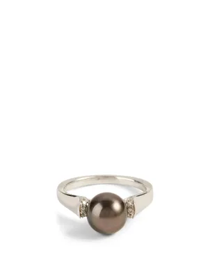 18K White Gold Tahitian South Sea Pearl Ring With Diamonds