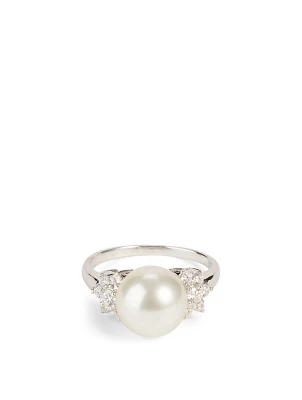 18K White Gold Australian South Sea Pearl Ring With Diamonds