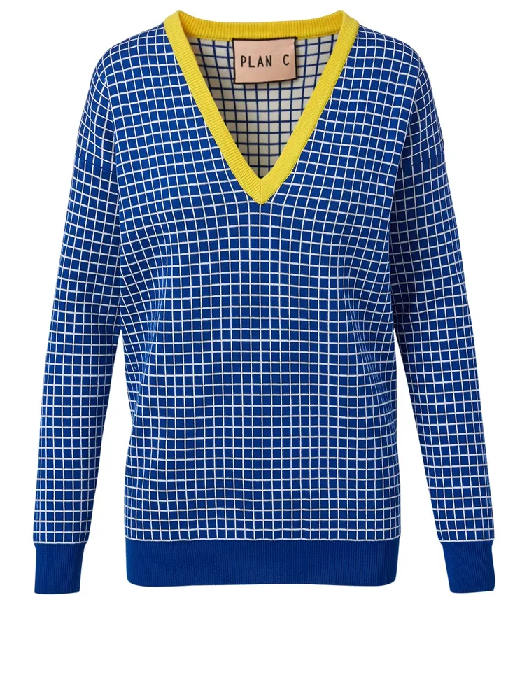 Cotton V-Neck Sweater Check Print