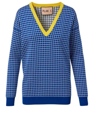 Cotton V-Neck Sweater Check Print