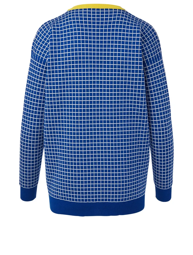 Cotton V-Neck Sweater Check Print