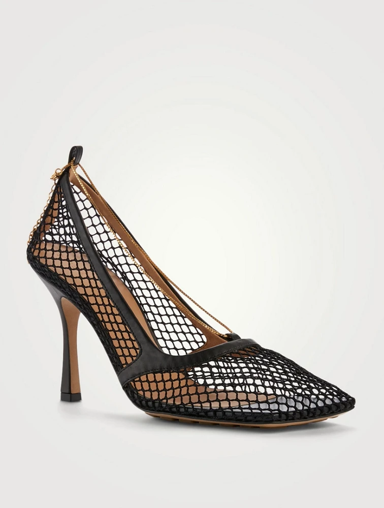 Stretch Mesh And Leather Pumps With Chain