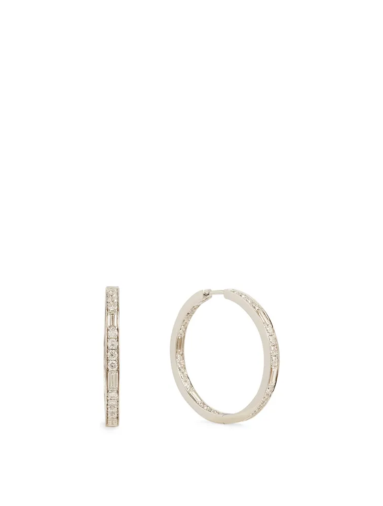 Essentials 18K White Gold Dot Dash Hoop Earrings With Diamonds