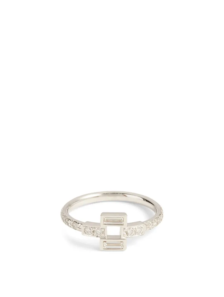 Essentials 18K White Gold Deco Double Baguette Ring With Diamonds