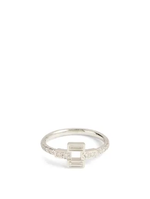 Essentials 18K White Gold Deco Double Baguette Ring With Diamonds