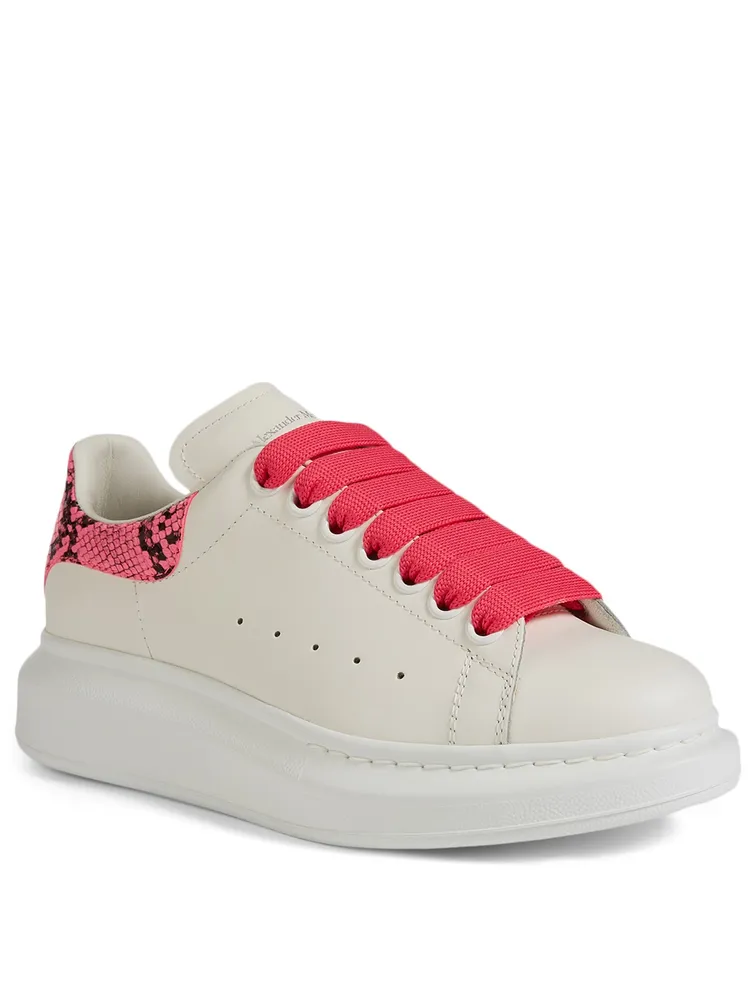 Oversized Leather Sneakers With Snake Print Patch