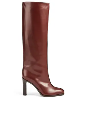Wide Shaft Leather Heeled Knee-High Boots