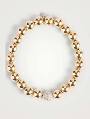 14K Gold Beaded Bracelet With 14K White Gold Diamond Ball