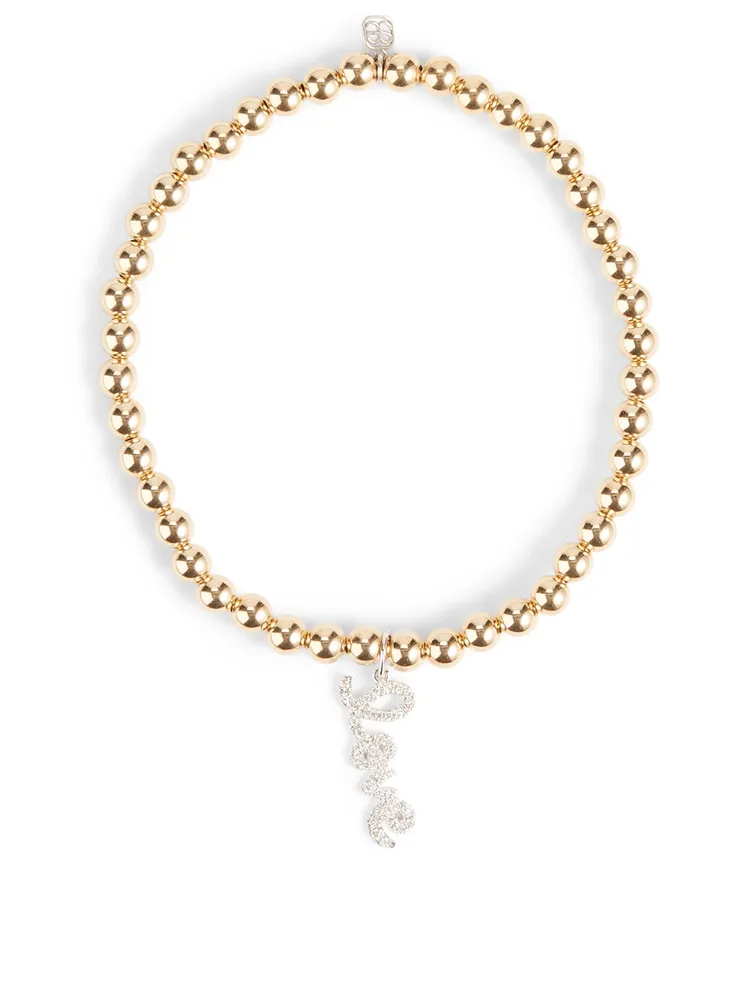 14K Gold Beaded Bracelet With Mini 14K White Gold Diamond Love Charm