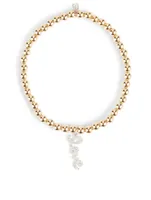14K Gold Beaded Bracelet With Mini 14K White Gold Diamond Love Charm