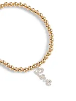 14K Gold Beaded Bracelet With Mini 14K White Gold Diamond Love Charm