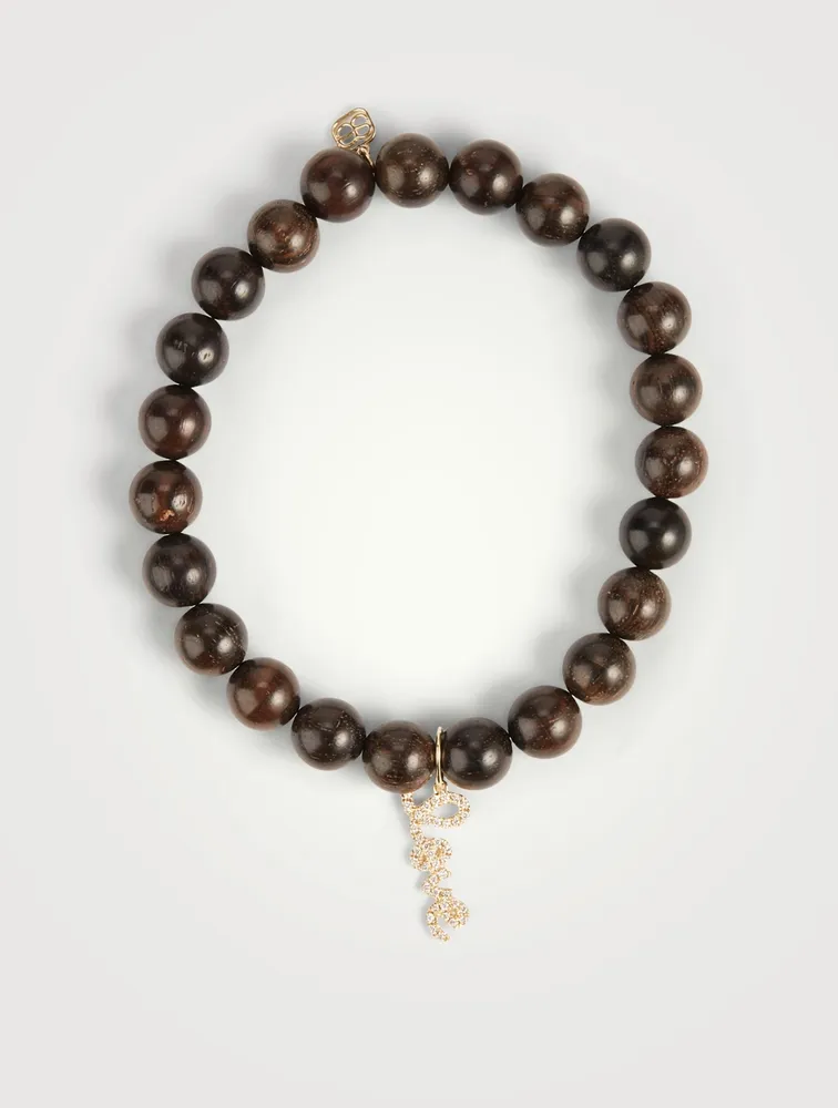 Ebony Beaded Bracelet With Mini 14K Gold Diamond Love Charm