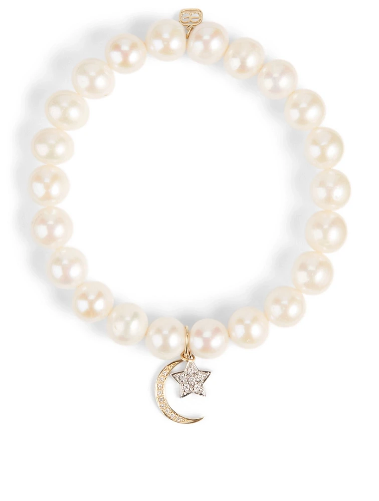 Pearl Bracelet With 18K Yellow And White Gold Diamond Star And Moon Charms