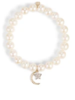 Pearl Bracelet With 18K Yellow And White Gold Diamond Star And Moon Charms