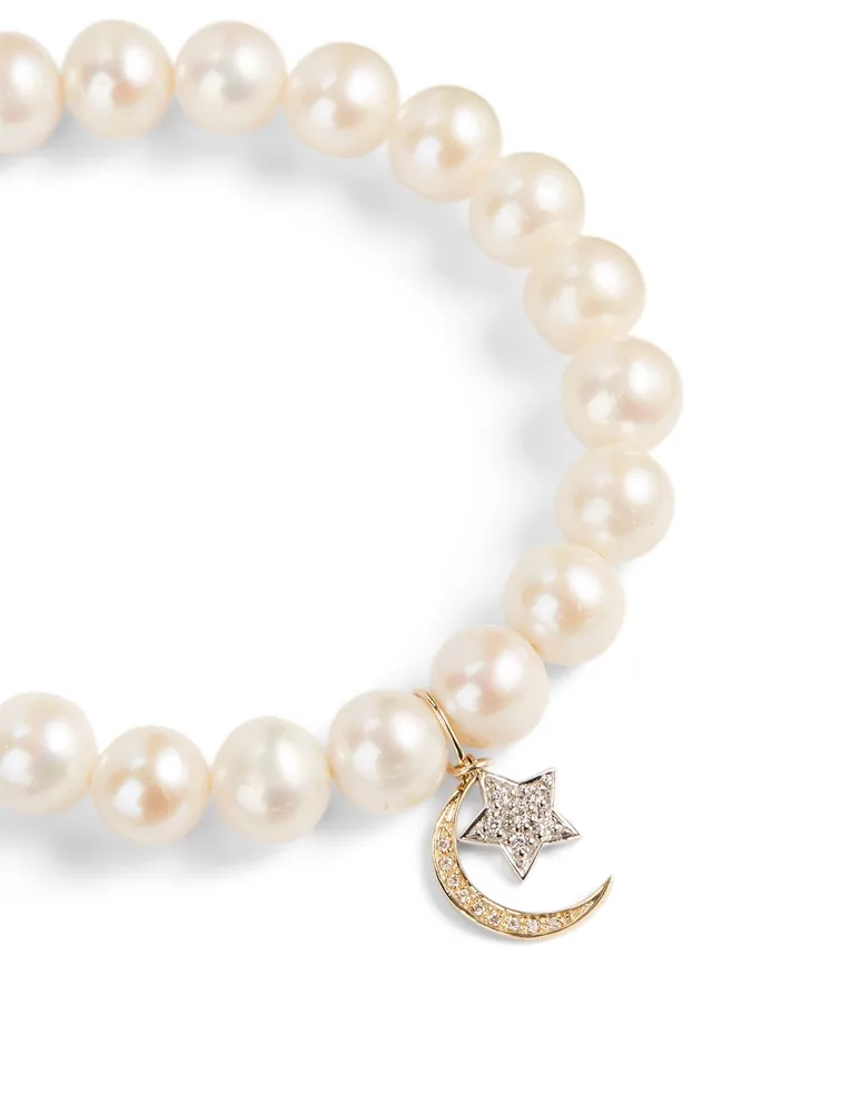 Pearl Bracelet With 18K Yellow And White Gold Diamond Star And Moon Charms