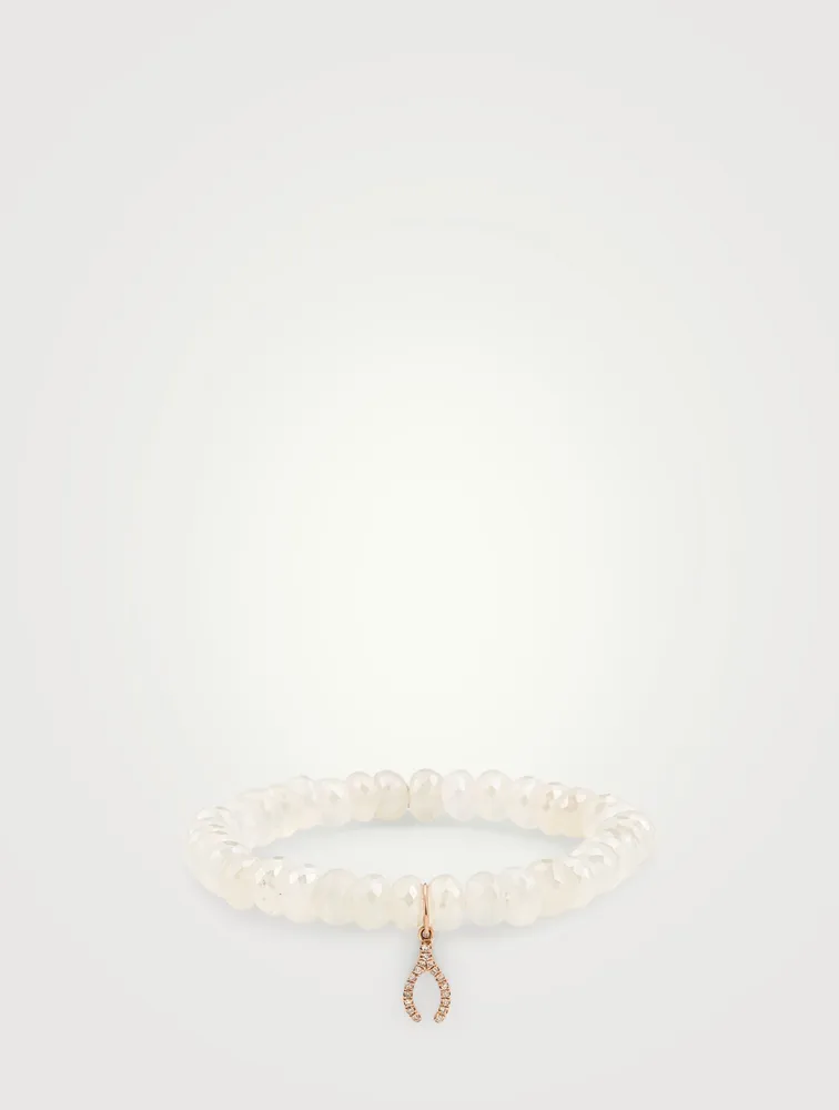 Chalcedony Beaded Bracelet With 14K Rose Gold Diamond Wishbone Charm