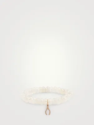 Chalcedony Beaded Bracelet With 14K Rose Gold Diamond Wishbone Charm