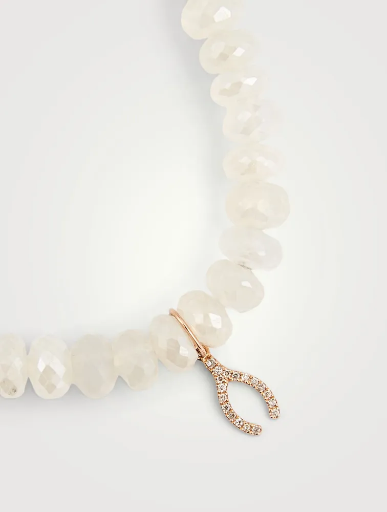 Chalcedony Beaded Bracelet With 14K Rose Gold Diamond Wishbone Charm