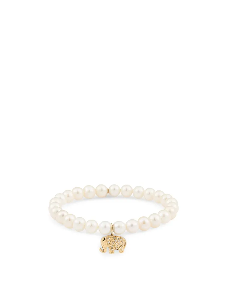 Pearl Bracelet With Small 14K Gold Diamond Elephant Charm