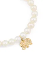 Pearl Bracelet With Small 14K Gold Diamond Elephant Charm