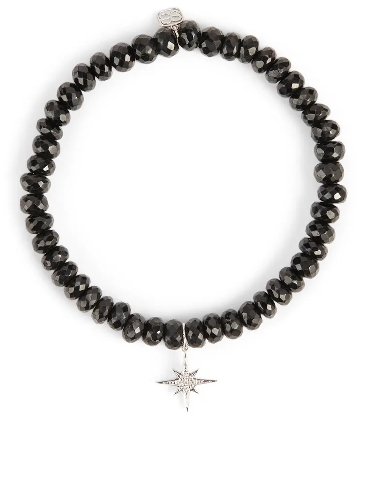 Black Spinel Beaded Bracelet With Small 18K White Gold Diamond Starburst Charm