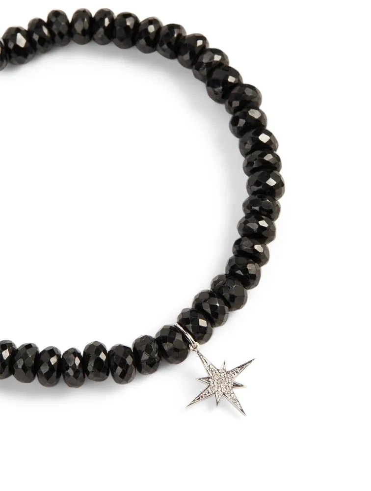Black Spinel Beaded Bracelet With Small 18K White Gold Diamond Starburst Charm