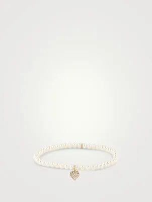 Pearl Bracelet With 14K Gold Diamond Playing Card Heart Charm