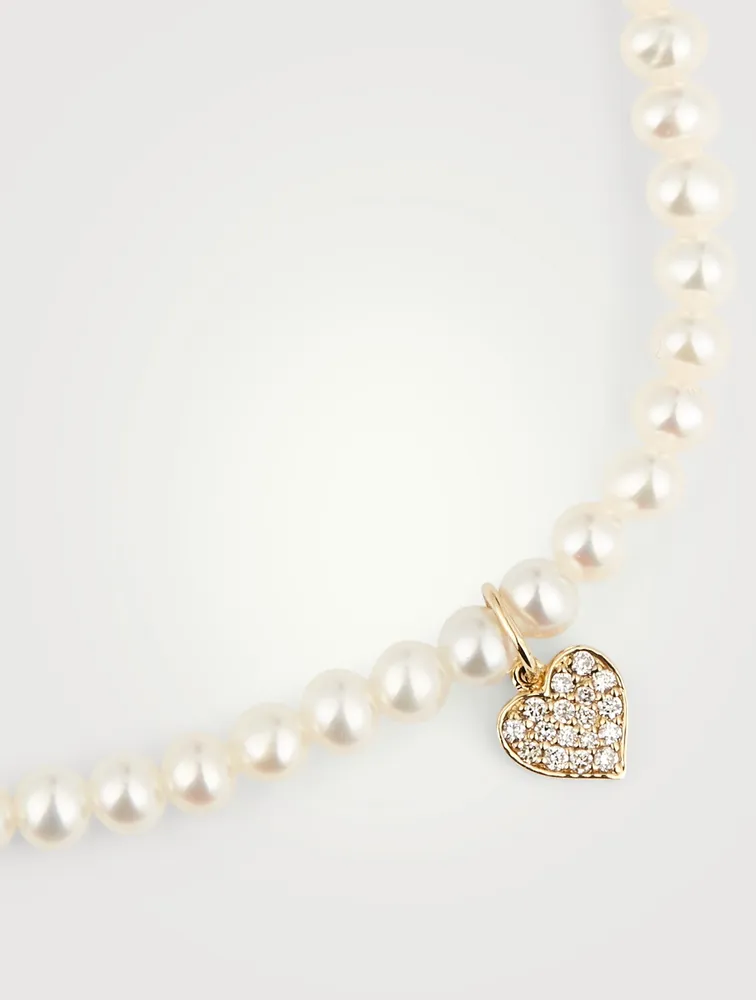 Pearl Bracelet With 14K Gold Diamond Playing Card Heart Charm