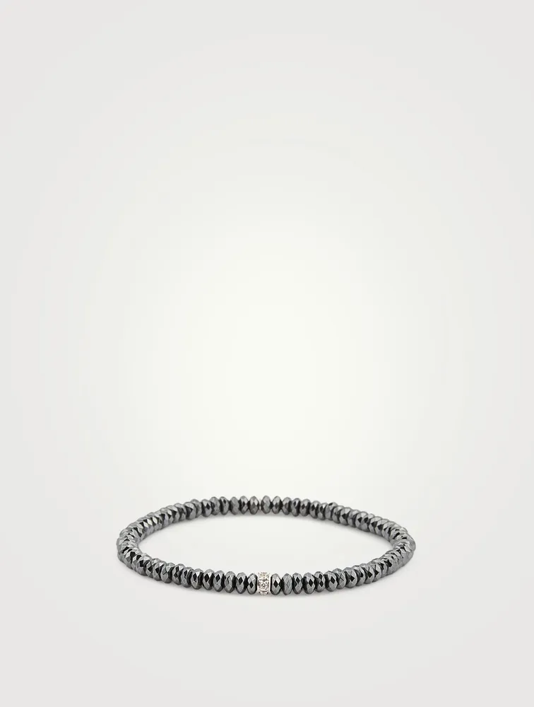 Hematite Beaded Bracelet With 14K White Gold Diamond Wheel Charm