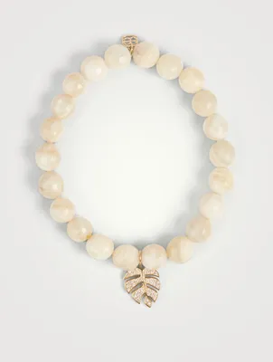 Marble Moonstone Beaded Bracelet With Medium 14K Gold Diamond Monstera Leaf Charm
