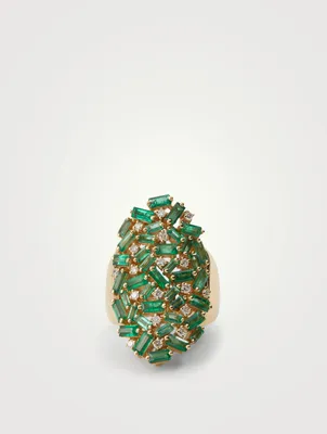 Rainbow Fireworks 18K Gold Shield Ring With Emeralds And Diamonds