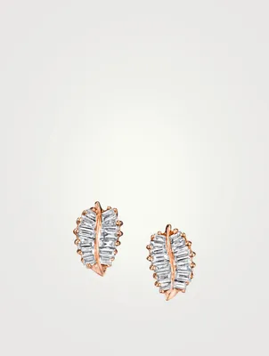 Small 18K Rose Gold Palm Leaf Stud Earrings With Diamonds