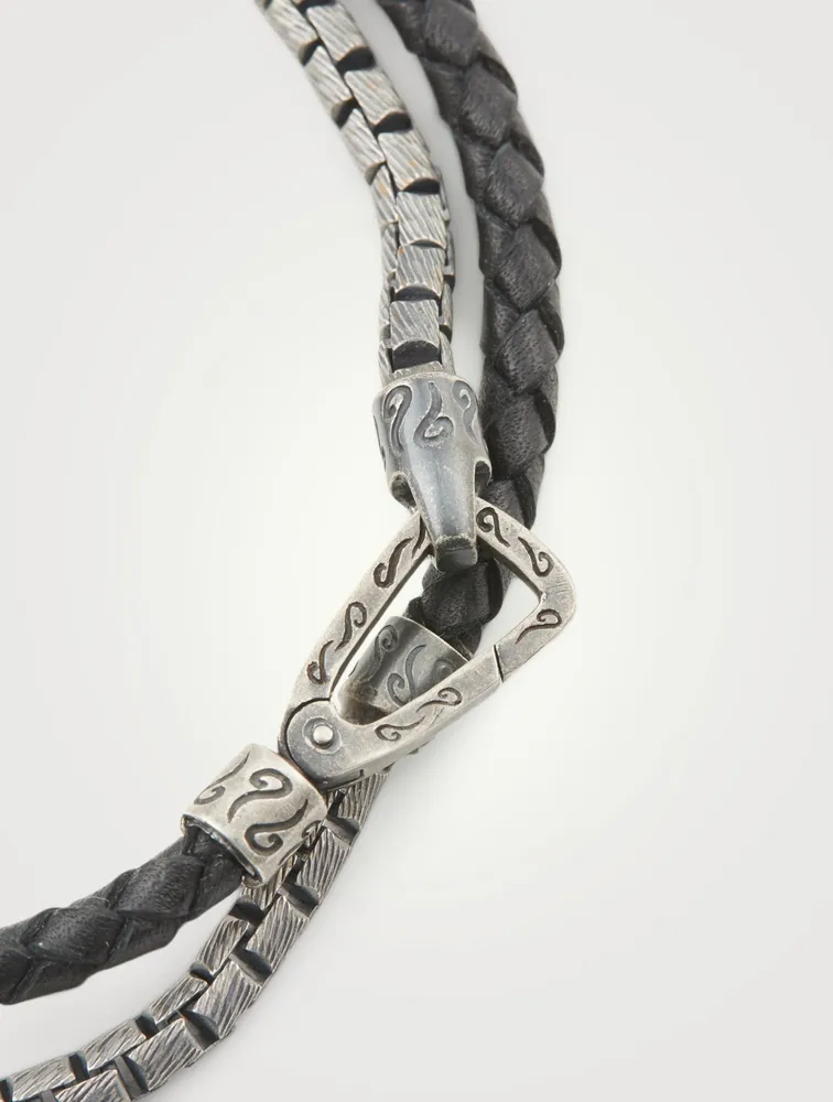 Lash Double Wrap Silver Chain And Braided Leather Bracelet