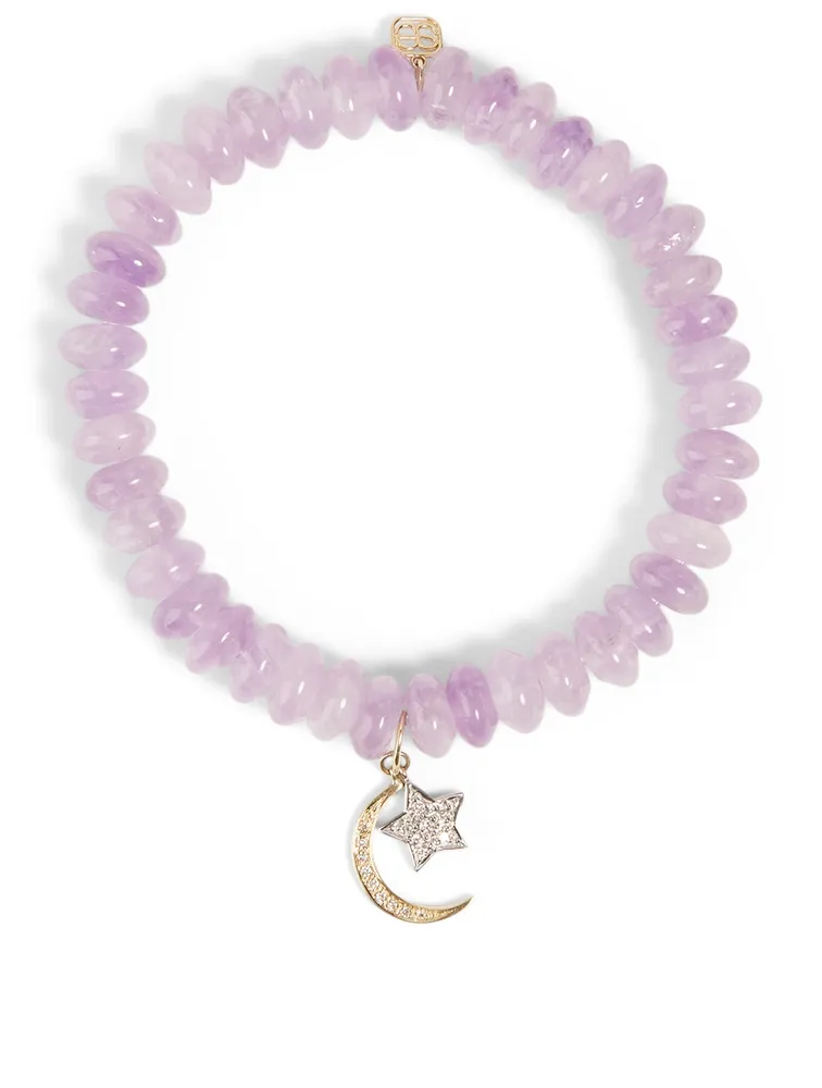 Amethyst Beaded Bracelet With 18K Yellow And White Gold Diamond Star And Moon Charms