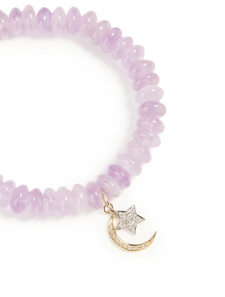 Amethyst Beaded Bracelet With 18K Yellow And White Gold Diamond Star And Moon Charms