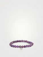 Amethyst Beaded Bracelet With 14K White Gold Diamond Playing Card Heart Charm