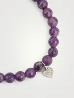 Amethyst Beaded Bracelet With 14K White Gold Diamond Playing Card Heart Charm