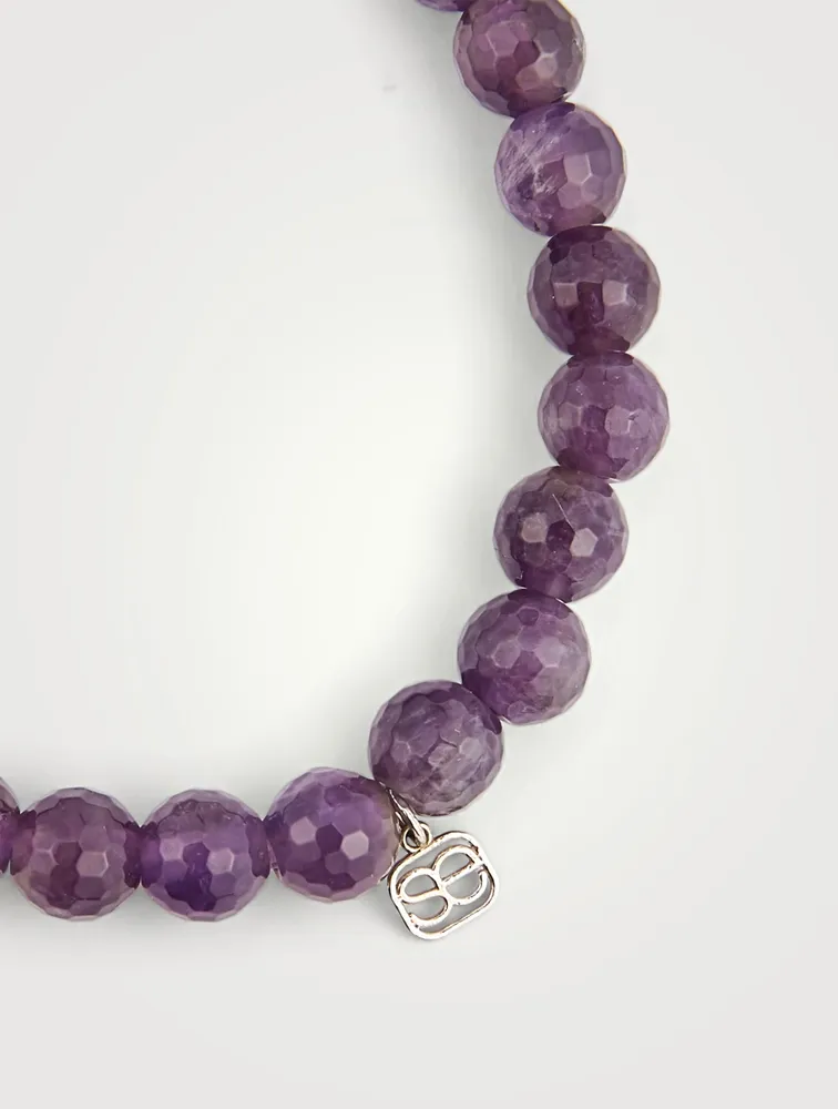 Amethyst Beaded Bracelet With 14K White Gold Diamond Playing Card Heart Charm