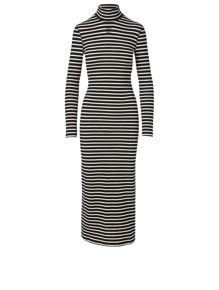 Cotton High-Neck Midi Dress Striped Print