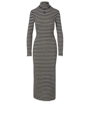 Cotton High-Neck Midi Dress Striped Print