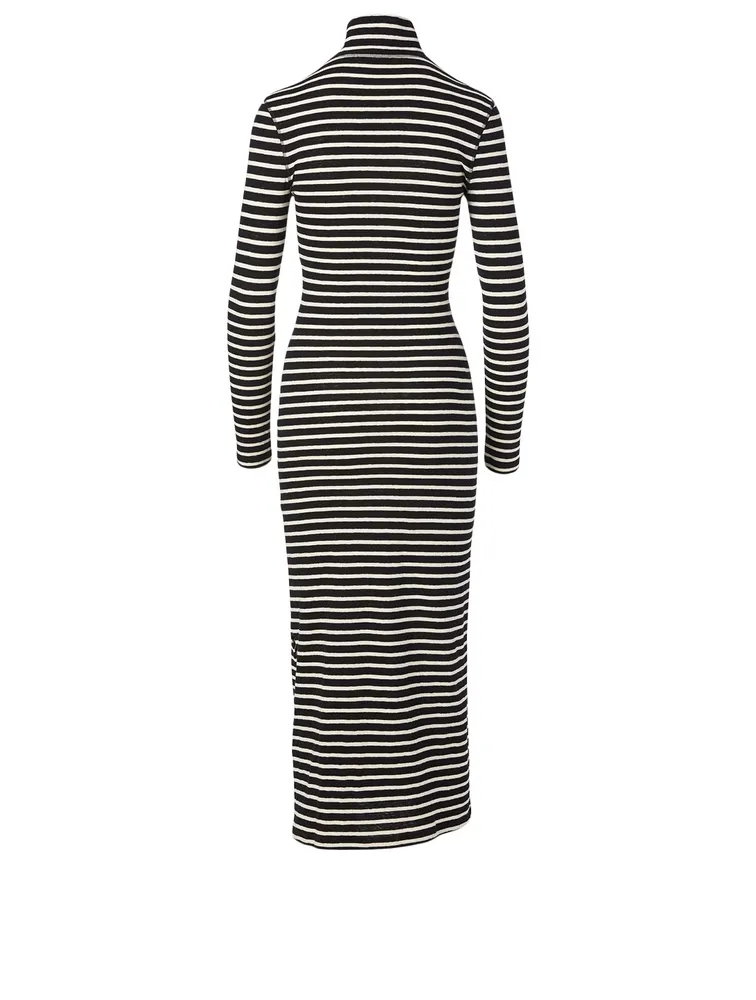 Cotton High-Neck Midi Dress Striped Print