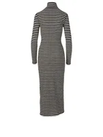 Cotton High-Neck Midi Dress Striped Print